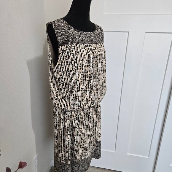 Ellen Tracy Black and Tan Sleeveless Tie Waist Geometrical Midi Dress Large - Picture 4 of 14